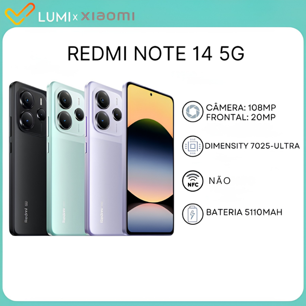 Redmi Note 14 5G, 256GB/8GB RAM, Câmera 108MP, Processador Dimensity 7025-Ultra, Bateria 5110mAh, Versão Global