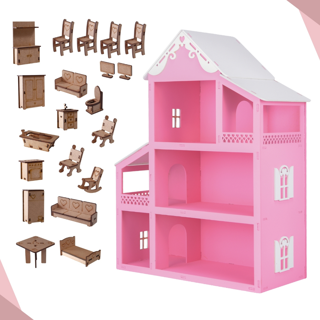 Casa Casinha Boneca Polly MDF MONTADA pintada mais kit moveis cru 20 peças