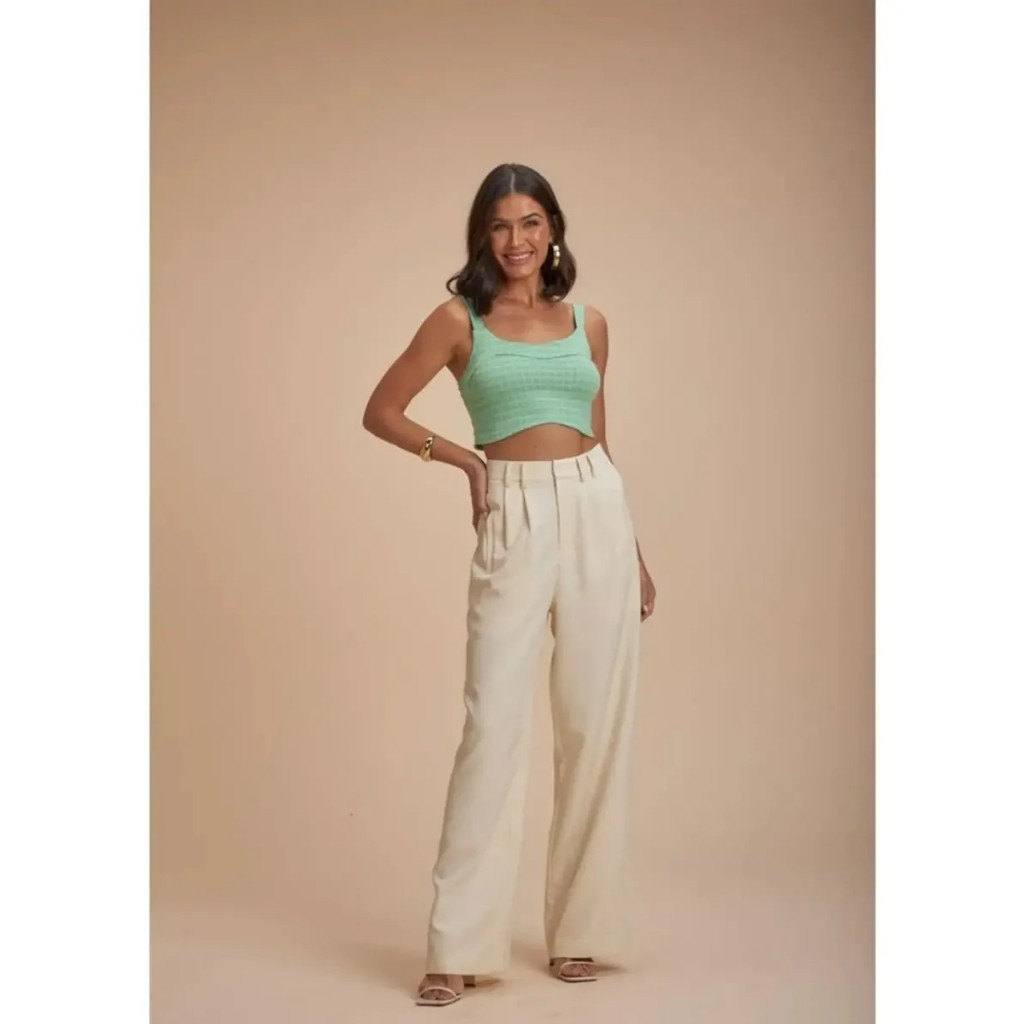 Calça Alfaiataria Wide Leg Off White cintura super alta Doce Trama