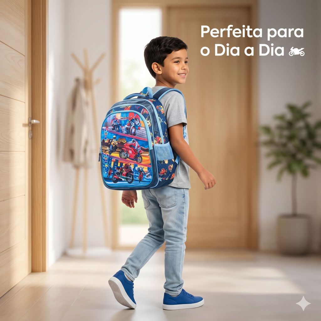 Mochila Escolar Infantil Menino - Carros Oxford Premium Impermeável Resistente - 4 a 9 Anos Confortável