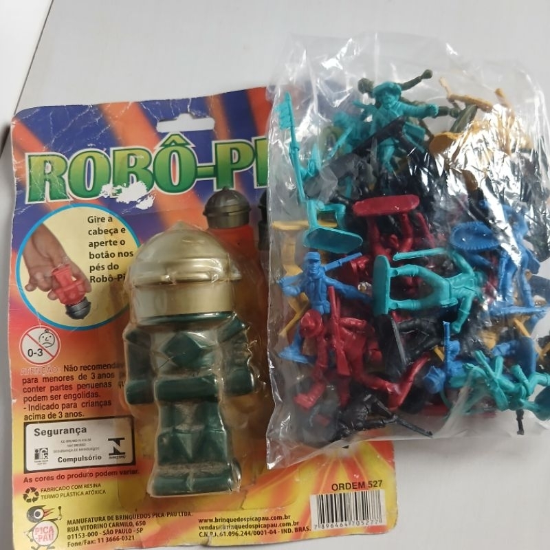 Lote de Brinquedos Antigos Retrô – Robô Pião Lacrado + Soldadinhos e Índios