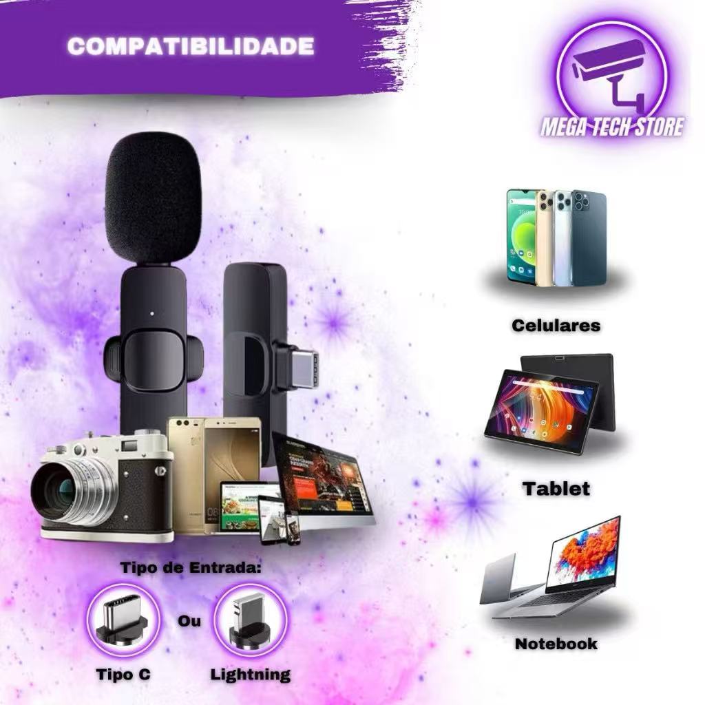 Microfone de Lapela Duplo Sem Fio Tipo-C Longo Alcance Profissional