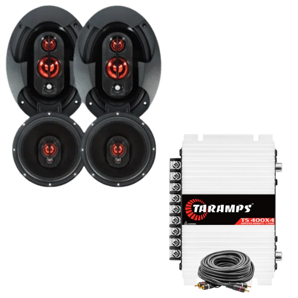 Kit Módulo Taramps Ts 400x4 400w RMS+ Kit Fácil Bomber 4 Alto Falantes + Cabo Rc