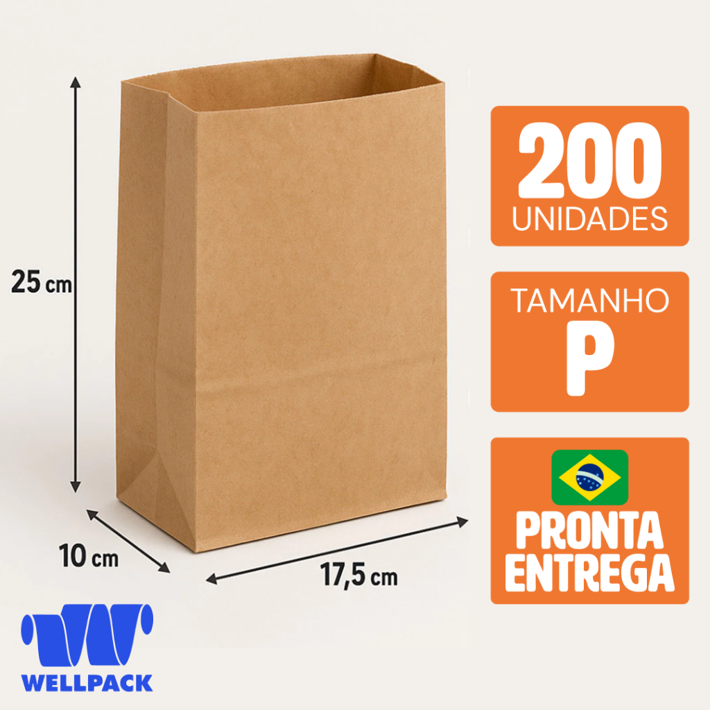 Saco de papel kraft medida P 200 unidades embalagem comida delivery hamburgueria