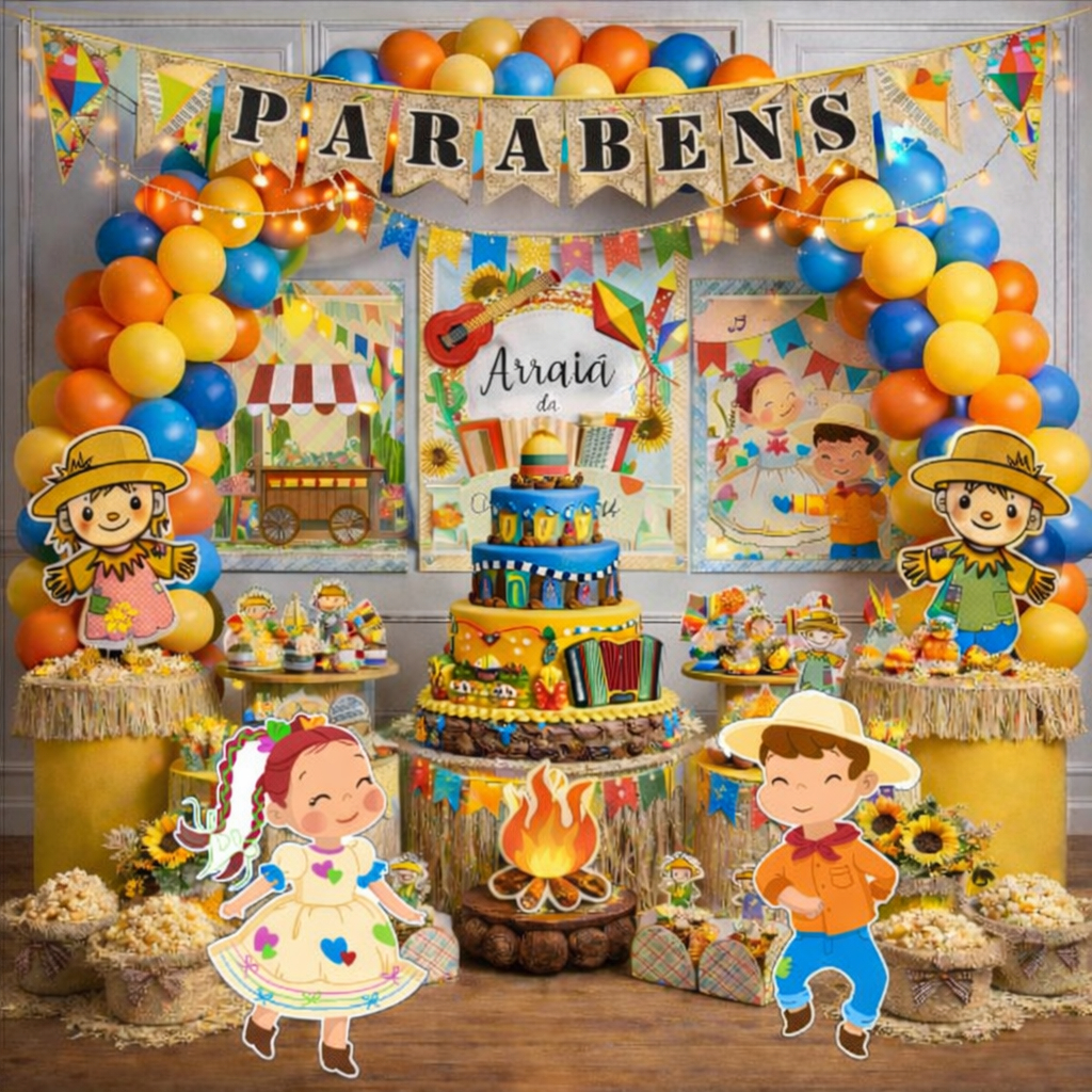 Kit Festa Aniversário Personalizado Festa Junina Arraiá Fogueira 78 itens - Decoração Lembrancinhas