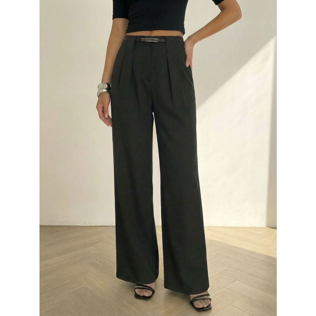 H944 Calça Feminina, Pantalona, Social, Cintura Alta, Com bolsos nas laterais, Acompanha Cinto em Oferta na Shopee