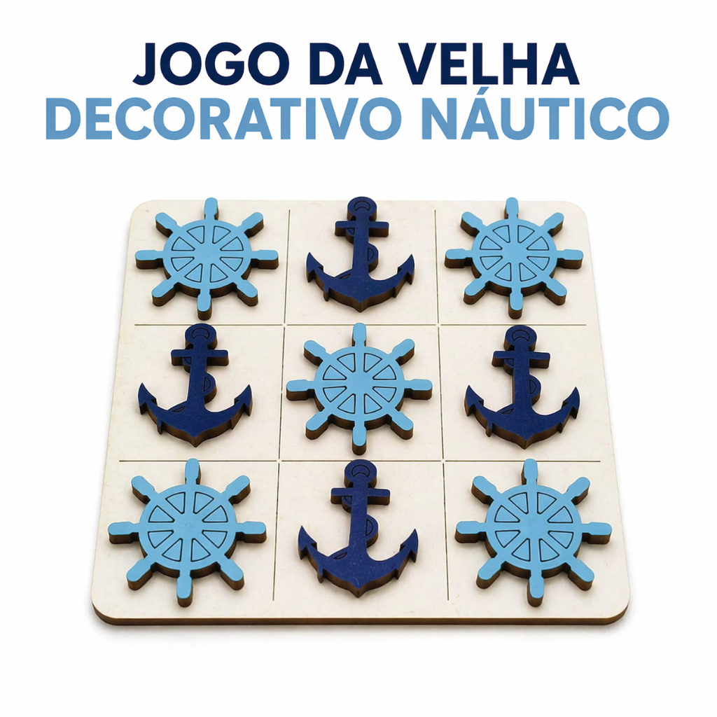 Jogo da Velha Pedagógico Náutico em MDF Pequeno Tabuleiro com Âncoras e Timão