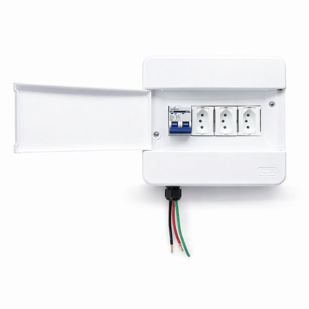 Quadro Elétrico c/ Disjuntor + 3 Tomadas 10A Sobrepor 110/220V Segurança Distribuição Elétrica c/ Disjuntor + 3 Tom