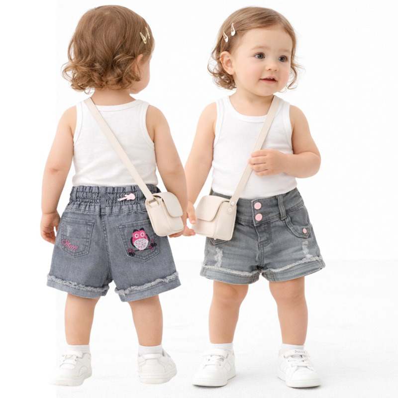 Short Jeans Infantil Cinza com Elastano Cintura Alta Botões Rosa Destroyed Menina Confortável Tam 1 ao 3”