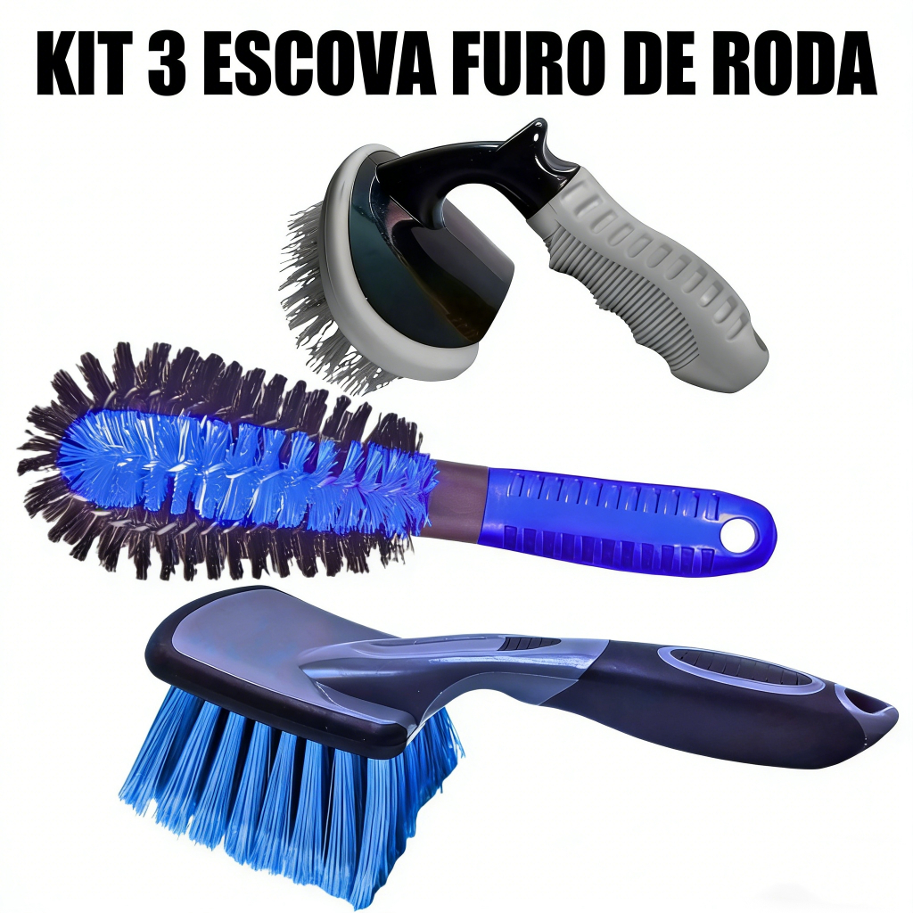 KIT 3 ESCOVA FURO DE RODA PEPINO ESCOVA CAIXA DE RODA MÉDIA CURTA ESCOVA LIMPEZA DE PNEU AUTOMOTIVA