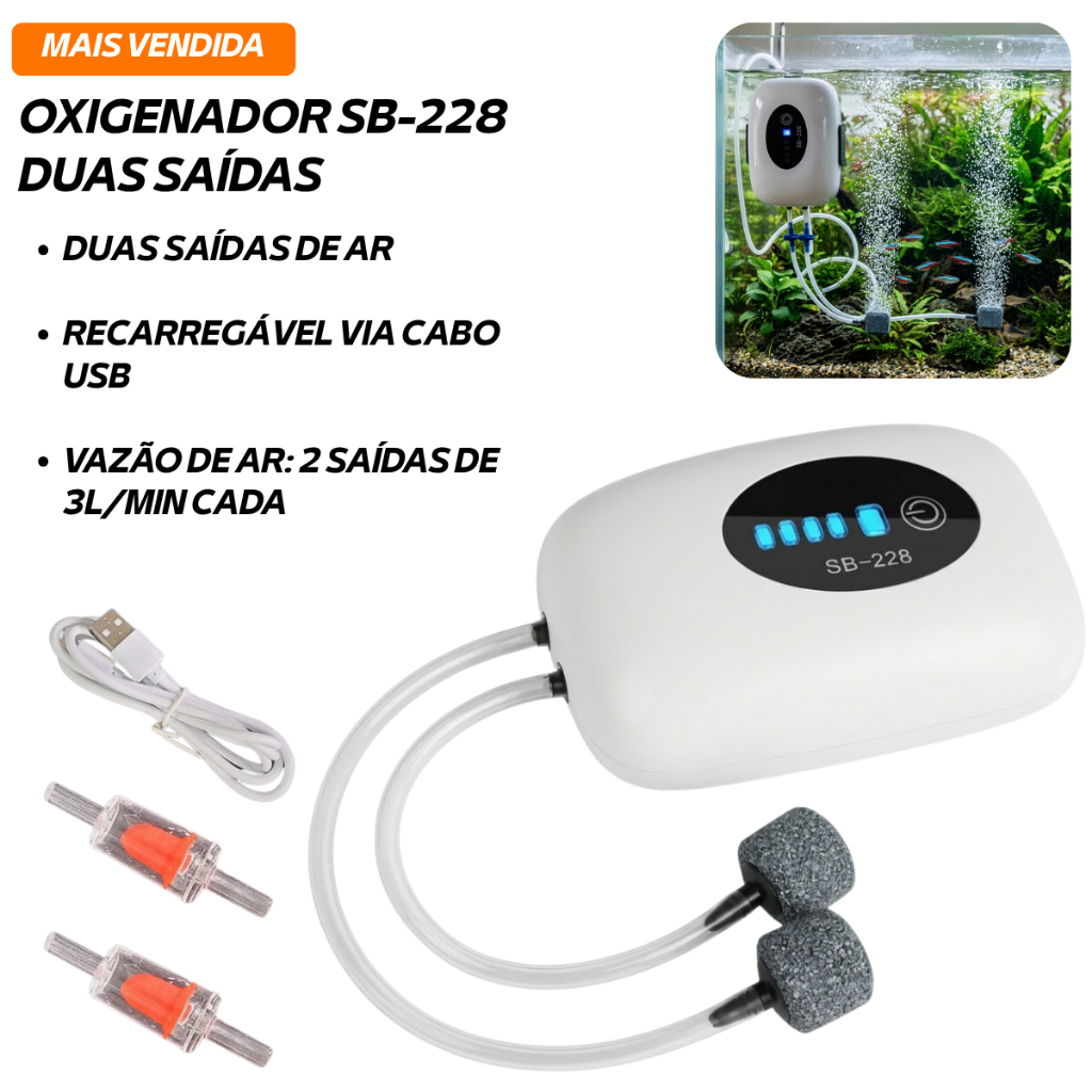 Bomba de Oxigenio Oxigenador Recarregável Isca Viva Camarão Vivo Aerador Pesca Compressor Ar Aquario