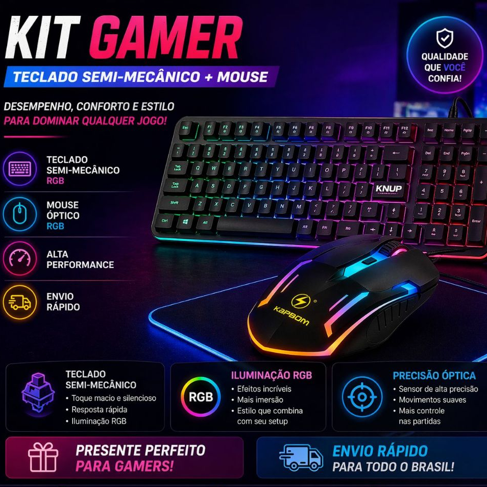 KIT GAMER TECLADO SEMI-MECÂNICO RGB + MOUSE GAMER ÓPTICO LED USB ALTA PERFORMANCE