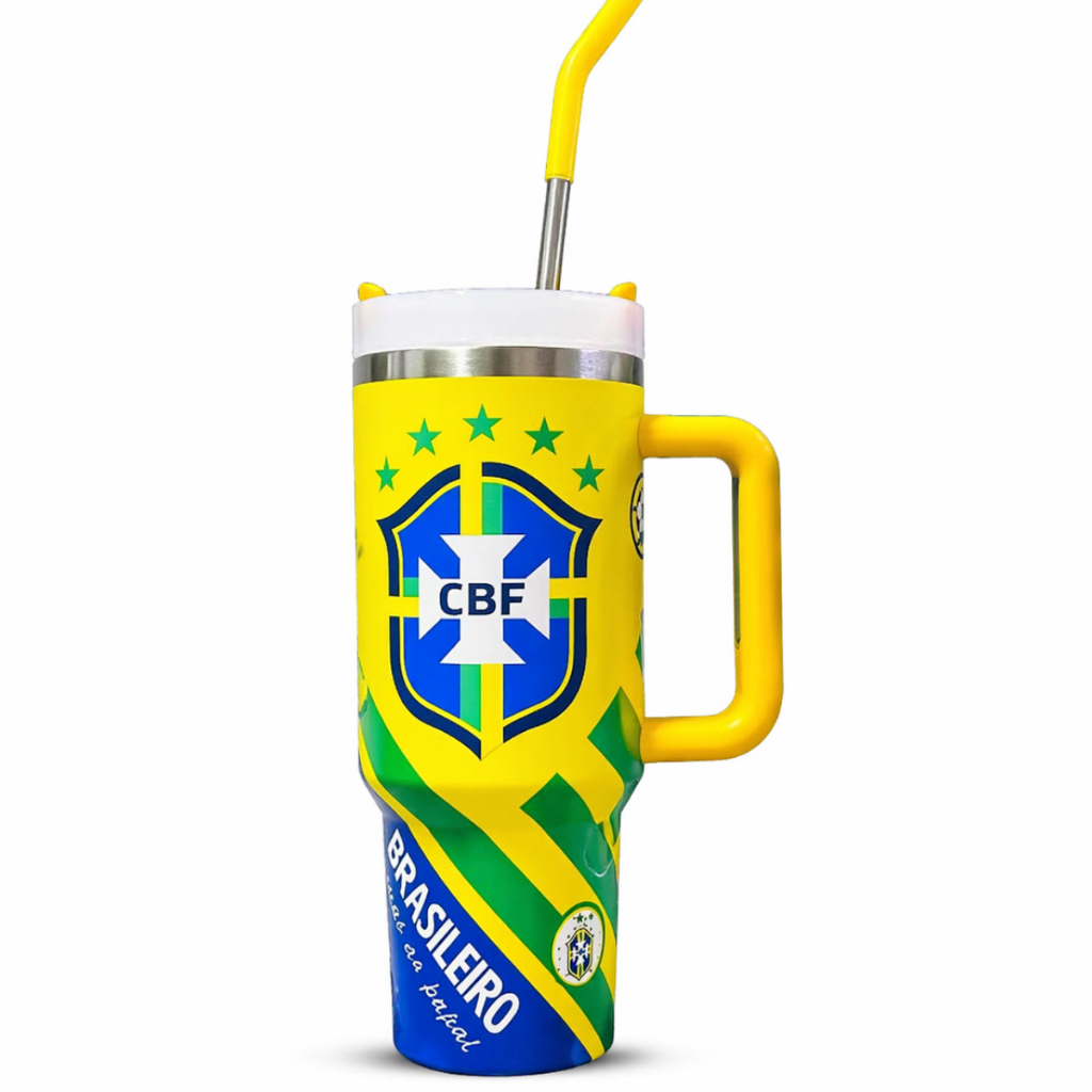 Copo Térmico Brasil 1200ml Lançamento 2026 Com Alça Tampa E Canudo Grande