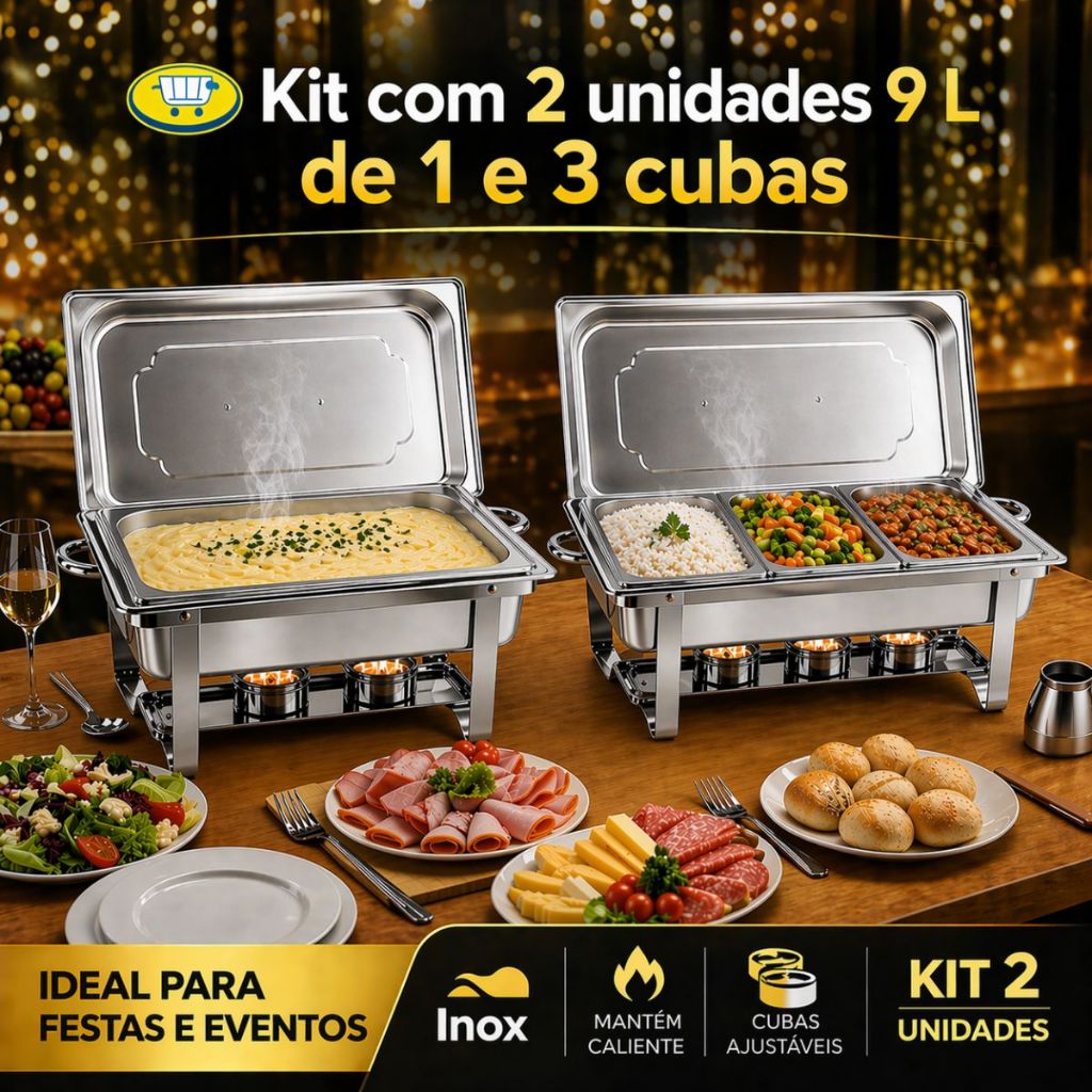 Kit 2 Rechaud Retangular 9 Litros com 1/3 Cubas Banho Maria Gourmet Self Service Buffet Profissional