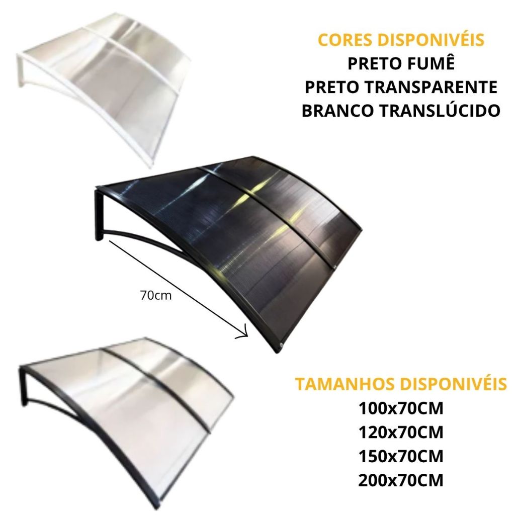 Toldo 100 a 200x70cm Pt/Br Policarbonato Suportes ABS Perfis de Alumínio Proteção Solar