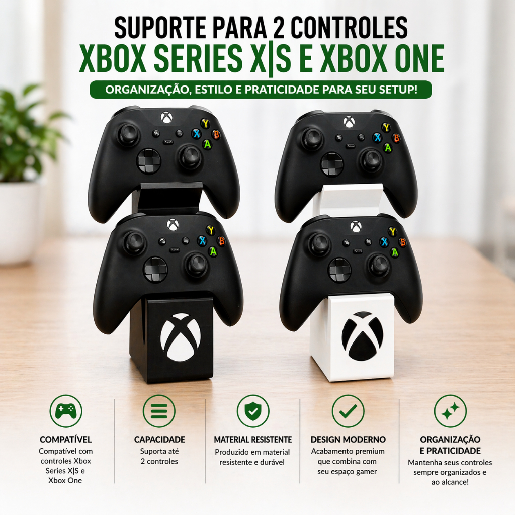 Suporte Controle Xbox Series X|S One Duplo Porta 2 Controles Gamer Preto Branco Suporte Mesa Xbox