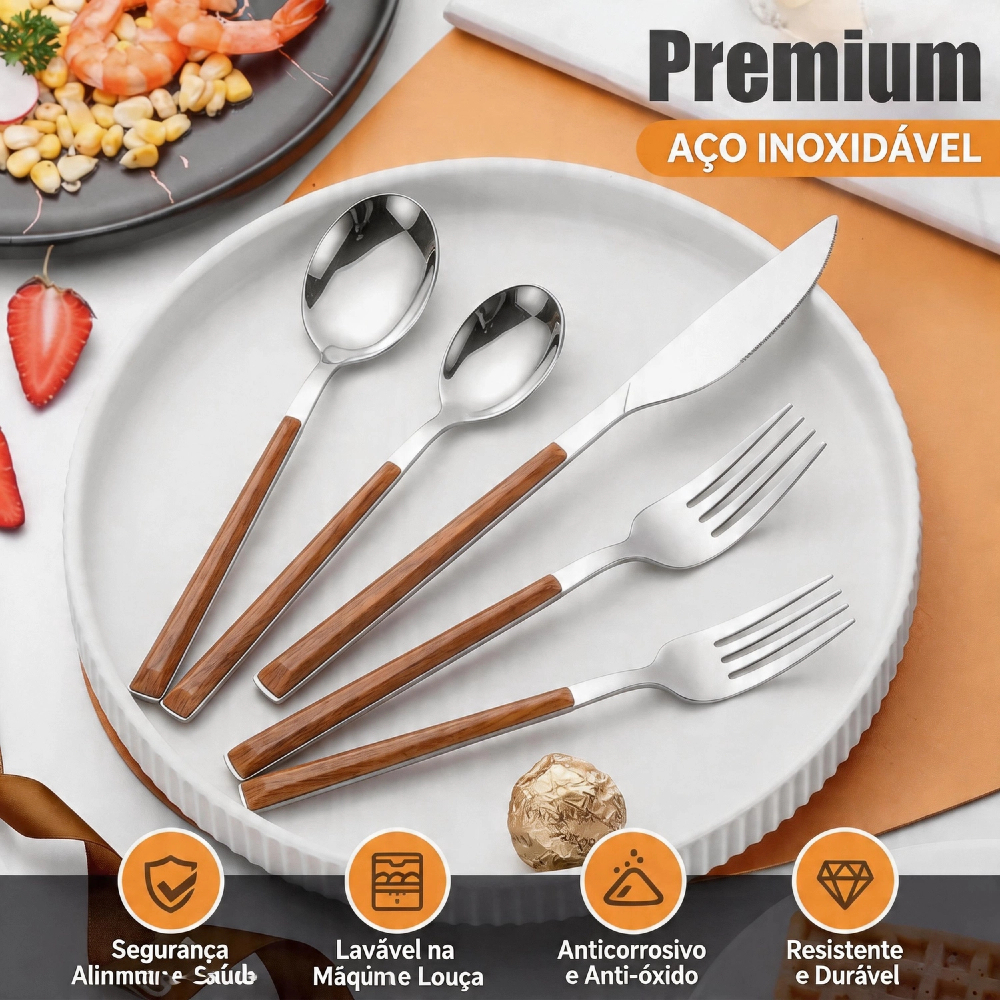 Jogo De Talheres 24 Peças Aço Inox, Alças De Madeira Designer Lindo Fácil de limpar, resistente à corrosão