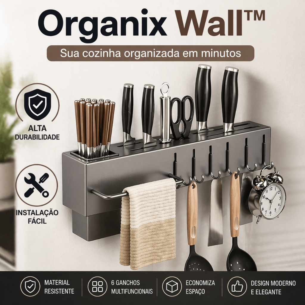 Organix Wall™ Suporte Organizador de Cozinha com Ganchos – Porta Utensílios Parede Compacto, Resistente e Fácil Instalaç