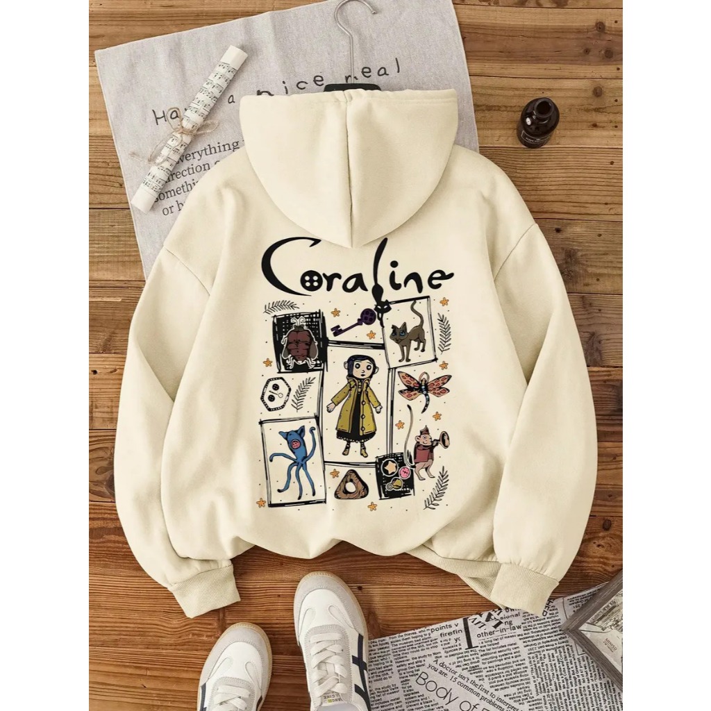 Moletom Blusa de Frio Infantil e Adulto Coraline Desenho Animado Algodão Flanelado