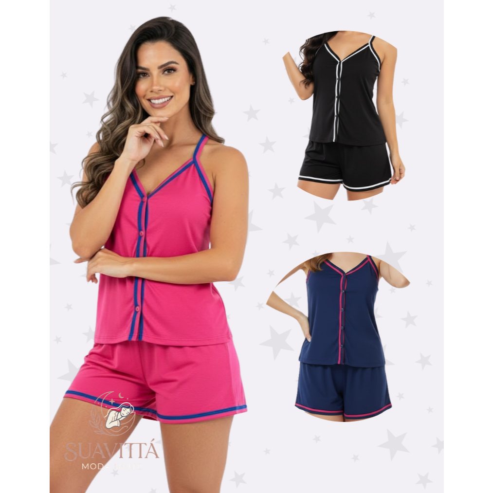 Pijama Baby Doll Estilo Americano Botão Aberto Malha Leve Confortável Promoção