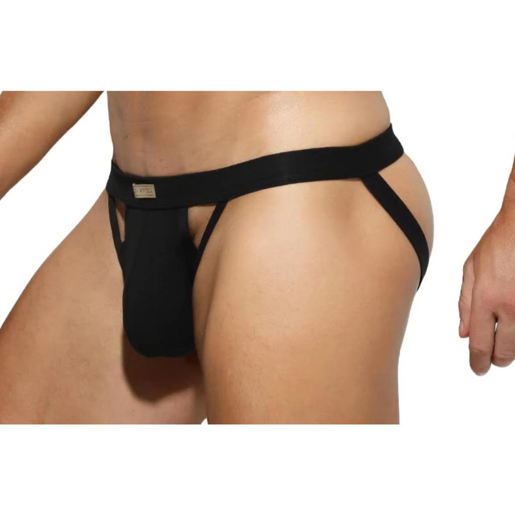 Cueca Jockstrap Erótica Esportiva com recortes ventilados PRETA