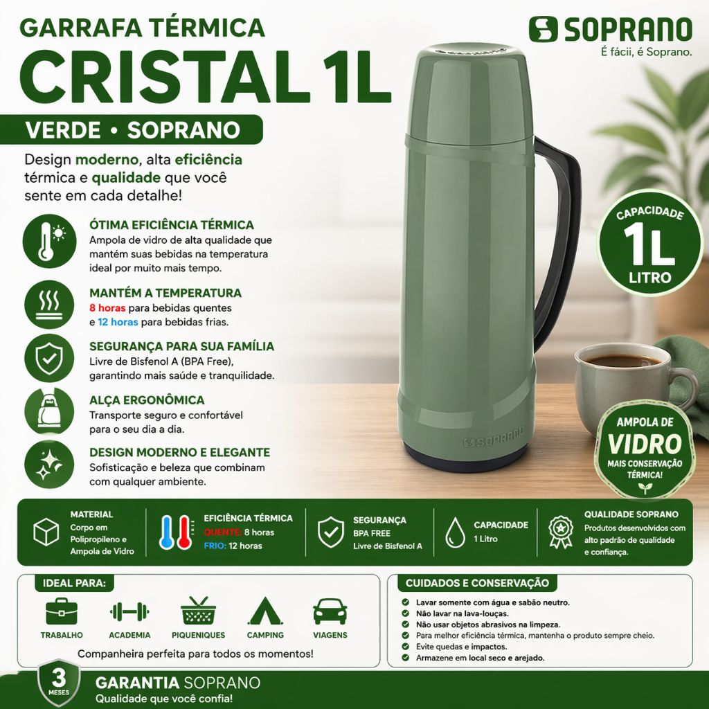 Garrafa Térmica Verde 1L Cristal Soprano