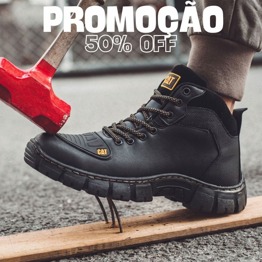 Bota CAT Coturno Preto Masculino Palmilha Borracha Alta Densidade Couro Sintético Promoção 38 ao 46