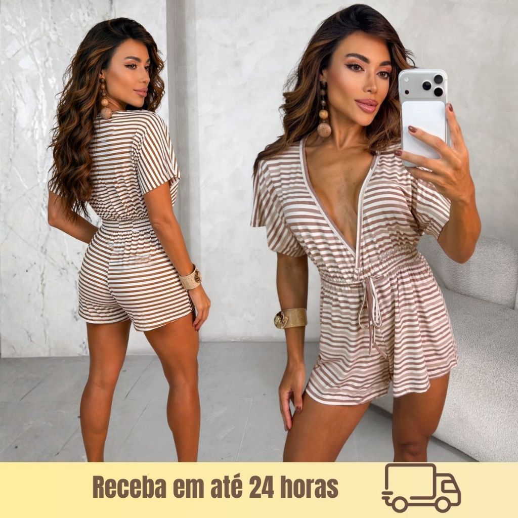 Macaquinho Feminino Listrado Viscolycra Premium Decote V Ajustável Moda Verão Tendência 2026 Confortável Casual