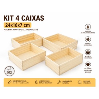 Kit 4 Caixote de Madeira de Pinus Cestas decorativas. cafe da manhã , presentes  24x16x7 TAMANHO (P)