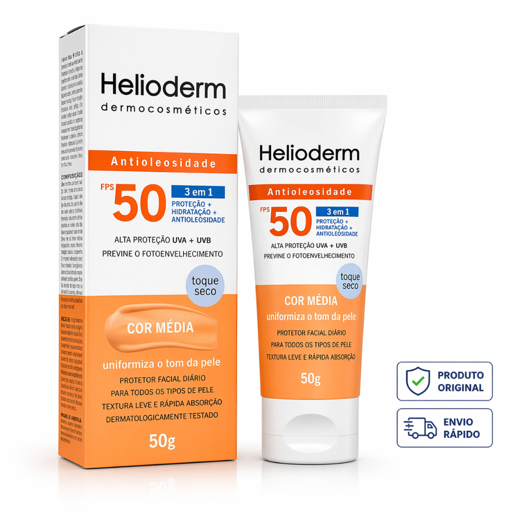 Protetor Solar Facial FPS 50 Helioderm 50g Cor Média | Toque Seco | Uso Diário | Envio Rápido
