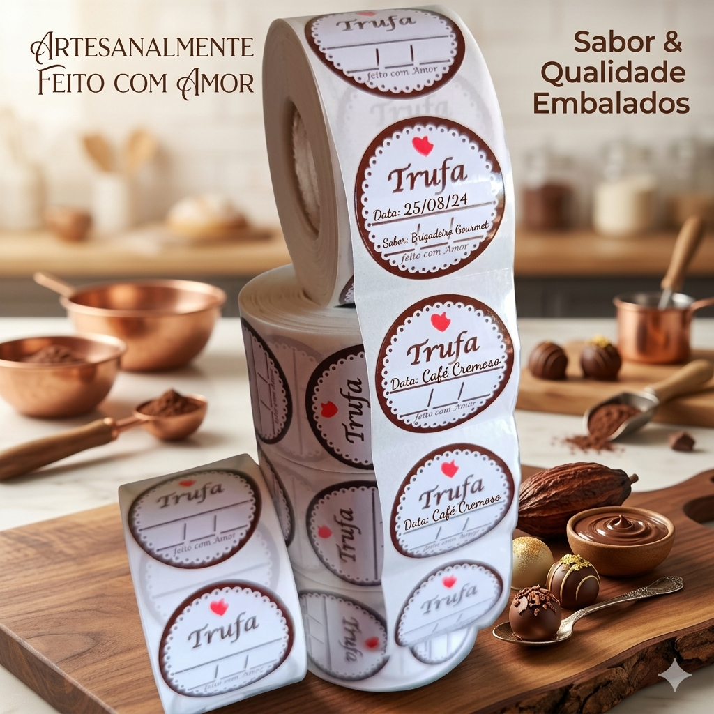 500 Etiquetas Adesivas Para TRUFA BOMBONS Papel Couchê 3x3cm Sabor E Validade Feito Com Amor Em Rolo