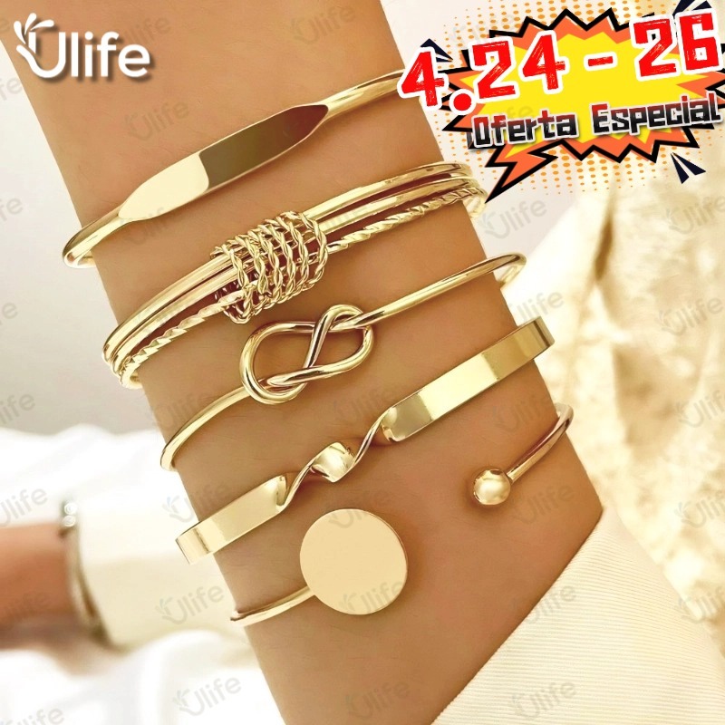 Conjunto De Pulseira De Torção Geométrica 5 Peças Para Mulheres Minimalista Empilhável Presente De Joias Da Sorte-UF