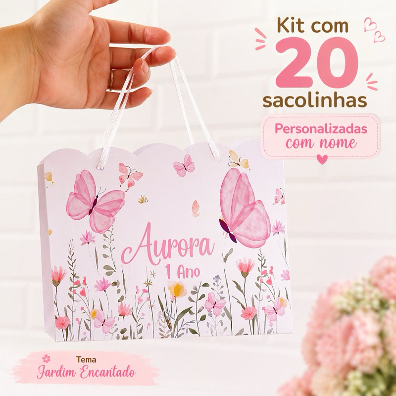 Sacolinha Jardim Encantado Personalizada | Pegue e Monte | Lembrancinha Festa Infantil com Nome