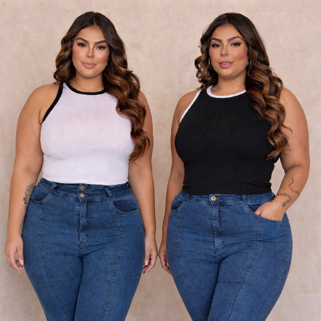 Regata Básica De Alça Blusa Plus Size Feminina Bicolor Ribana Alta Elasticidade Zero Transparência