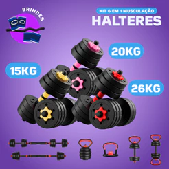 【15KG/20KG/26KG】Kit Halteres 6 Em 1 15/20/26Kg Musculação Ajustável Kettlebell Barra Anilha