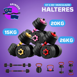 【15KG/20KG/26KG】Kit Halteres 6 Em 1 15/20/26Kg Musculação Ajustável Kettlebell Barra An…