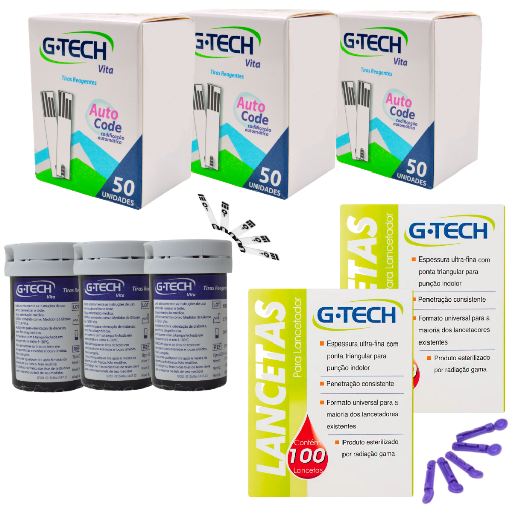 Tiras Fitas Glicose G-Tech Vita 150 Tiras 200 Lancetas