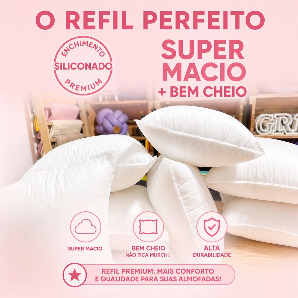 Refil 4 Enchimentos Almofada 50x50 Fibra Siliconada Algodao Macia Decorativo Premium Sala Quarto