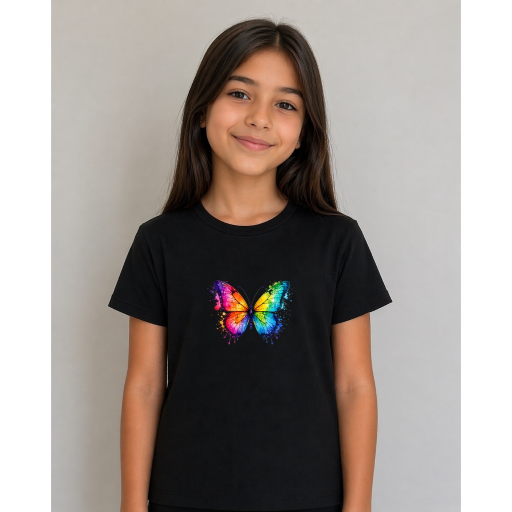 Camiseta Infantil Feminina Estampada Borboleta Aquarela Algodão Tecido Macio Confortável
