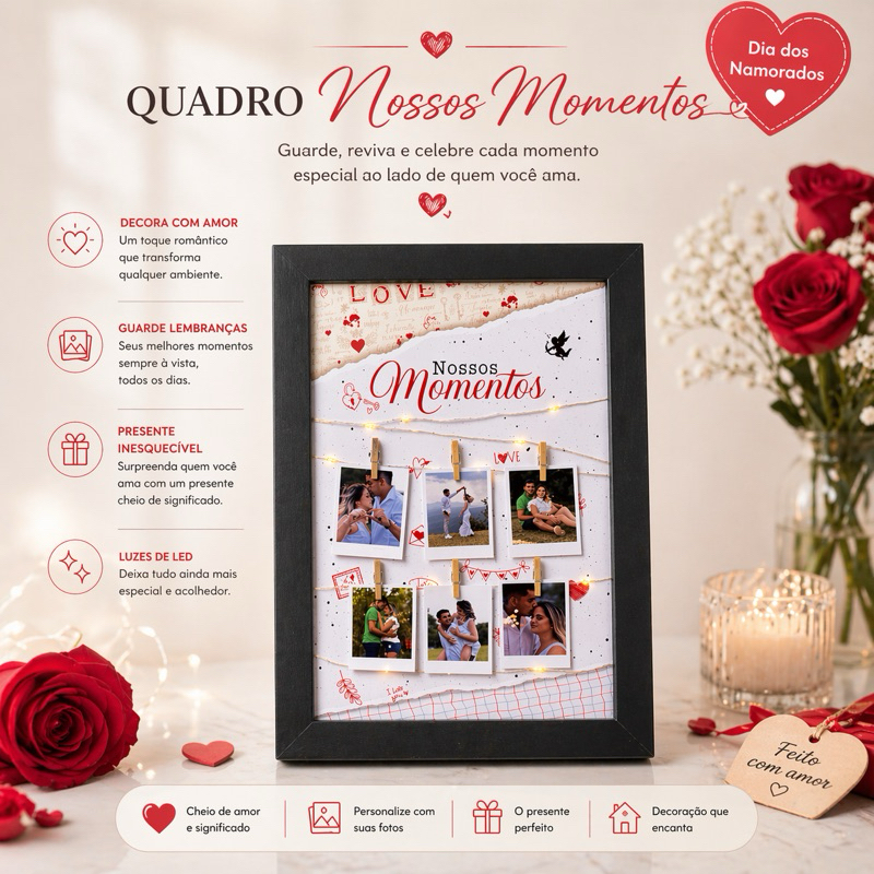 ENVIO IMEDIATO Quadro dia dos namorados, com led e polaroids Quadro Varal de Led, Quadro Polaroid