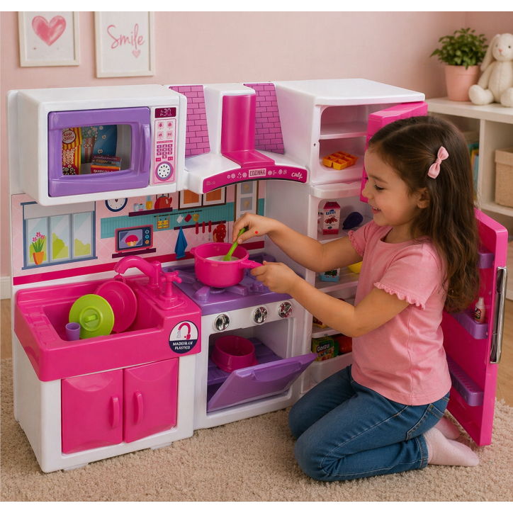 Conjunto Cozinha Infantil Miniatura Fogao Geladeira Pia Microondas Armario Rosa