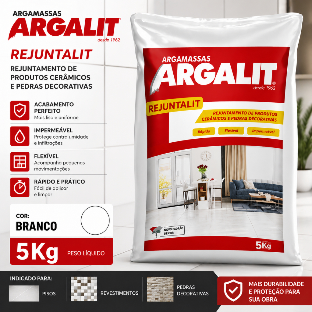 Rejunte Flexível BRANCO 5kg Argalit para Pisos, Azulejos, Cerâmicas, e Pedras Naturais