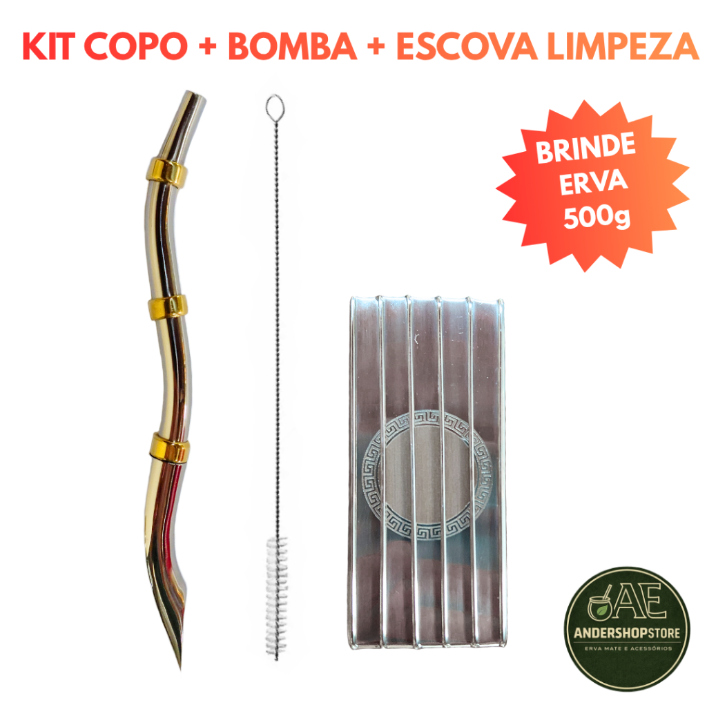Kit Tereré Completo Copo Inox Violão + Bomba Berrante + Escova + Brinde Erva 500g
