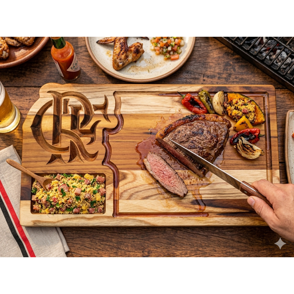 Tábua de Churrasco Flamengo em Madeira Teca 47cm Premium Resistente Antibacteriana Personalizada BBQ Grill