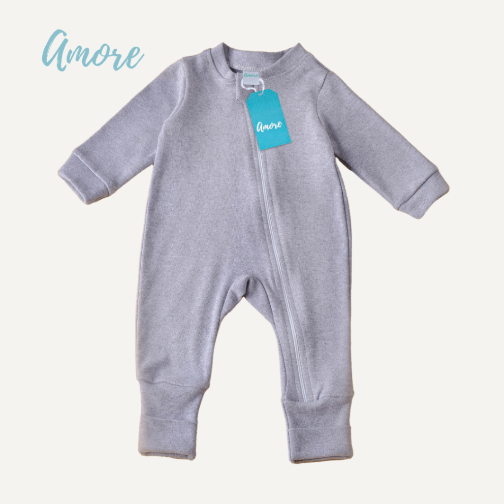 Macacão de Bebê Amore Vira Pé Cinza Com Zíper 100% Algodão