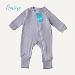 Macacão de Bebê Amore Vira Pé Cinza Com Zíper 100% Algodão