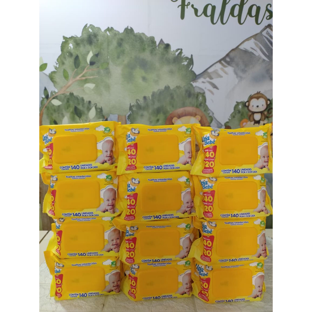 KIT 12 pacotes de lenços/toalhas umedecidas Upa bebê (1680 toalhas) s/álcool, cada pacote 140 lenços de 19cm x 13 cm