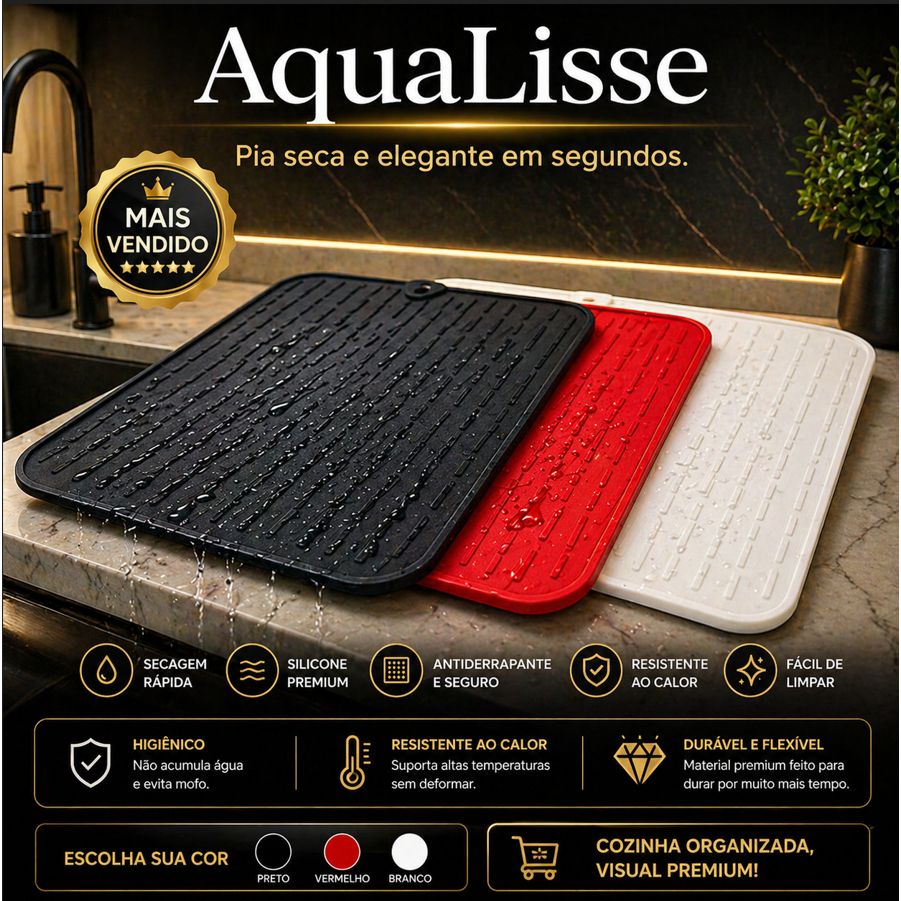 Tapete Escorredor de Louça Silicone 40cm AquaLisse Flexível Antiderrapante Secagem Pia Cozinha