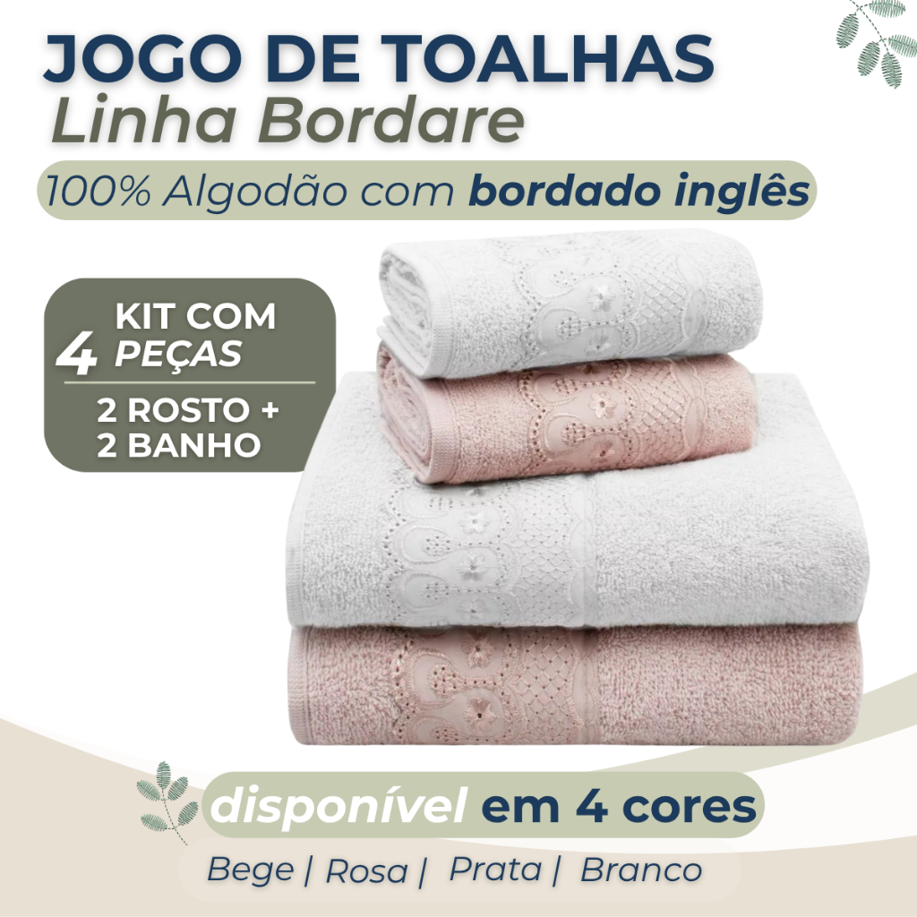 Kit 4 Toalhas de Banho e Rosto 100% Algodão Fio Retorcido Barra Bordada Superlux