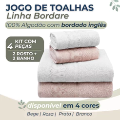 Kit 4 Toalhas de Banho e Rosto 100% Algodão Fio Retorcido Barra Bordada Superluxo Bordare Appel